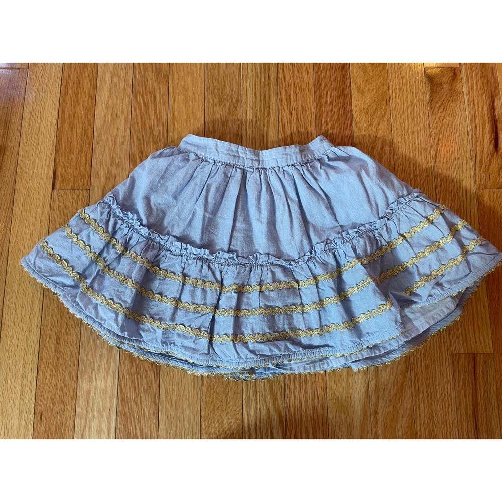 Mini Boden Girls Blue Chambray Tiered Skirt‎ Gold Ric Rac Trim Size 7-8Y